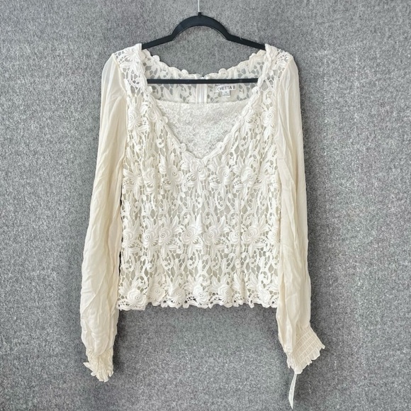 Vintage Ivory Lace Crochet Top Romantic Boho Cottagecore Victorian Peasant Large - Picture 2 of 13